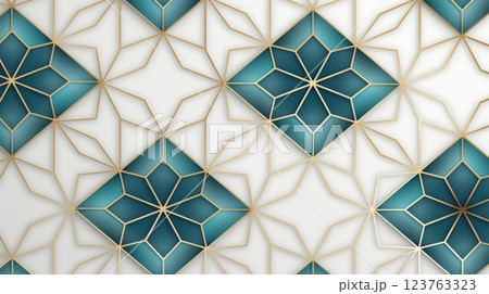 Stained glass floral pattern in shades of teal blue and golden yellow, suitable as Arabic background 123763323