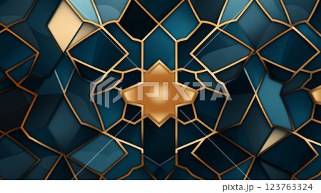 Stained glass floral pattern in shades of teal blue and golden yellow, suitable as Arabic background 123763324