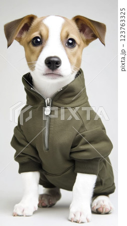 Jack Russell terrier in a knitted sweater sitting against gray background 123763325