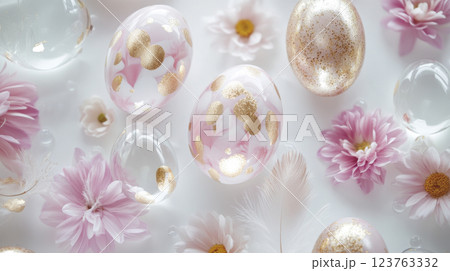 Easter eggs with gold patterns and pink flowers on white background 123763332