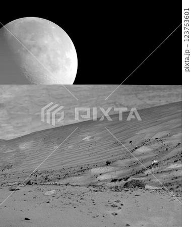 Black landscape background with sand and big planet Black landscape background with sand and big planet 123763601