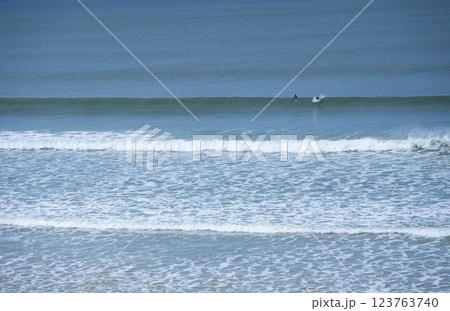 Surfing at Biscarrosse Beach as Waves Roll Gently Under a Clear Sky 123763740
