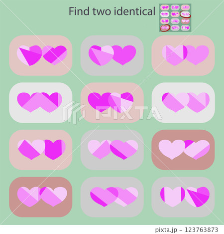 In a children s puzzle game for children under 6 years old, find 2 identical pictures with hearts. In a children s puzzle game for children under 6 years old, find 2 identical pictures with hearts. 123763873