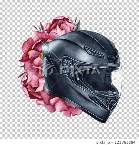 Motorcyclist helmet with pink peonies. Crash helmet and flowers. Moto gear for women biker. Moto girl. Watercolor illustration isolated from background. For posters, textile, phone case, stationary 123763884