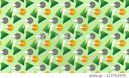 Vector Nature Pattern Mountains, Volcano, Sun, and Clouds 123763976
