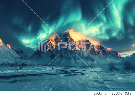 Northern lights in the mountains. Beautiful winter night landscape. 123764035