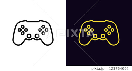 Outline gamepad icon, with editable stroke. Wireless joystick for arcade games, videogame station controller. Wireless gamepad, computer games, play console, cybersport club, gaming zone. Vector icon 123764092