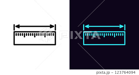 Outline ruler icon, with editable stroke. Measuring ruler with dimension arrow, length or width measure. Shoes or clothes size, measure scale, body parameter size, overall dimension. Vector icon 123764094
