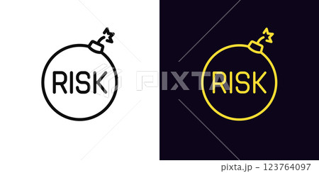 Outline dangerous risk icon, with editable stroke. Bomb with text Risk, warning bomb tag. Risk management and assessment, danger caution, threat control, financial problem, security rate. Vector icon 123764097