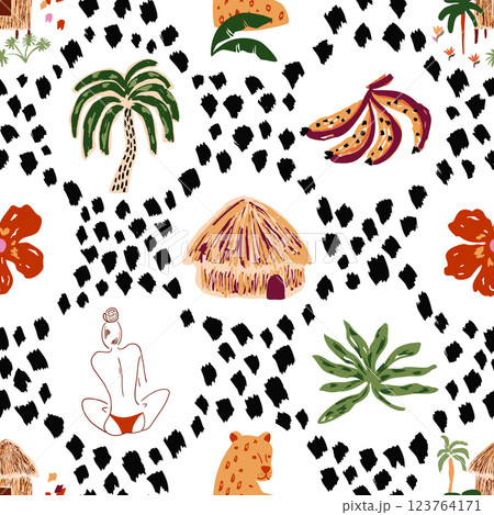 Spotted tropical pattern decorated jungle leaves, palms, beach house. Vector leopard spots background. 123764171