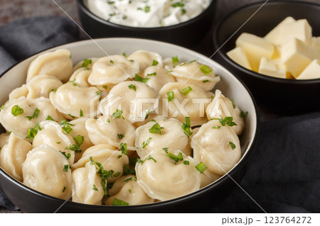 Pelmeni dumplings filled minced meat served with sour cream, butter and herbs close-up. Horizontal 123764272