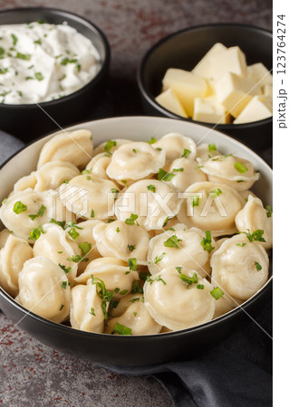 Hot boiled Russian pelmeni served with sour cream, butter and herbs close-up. Vertical 123764274
