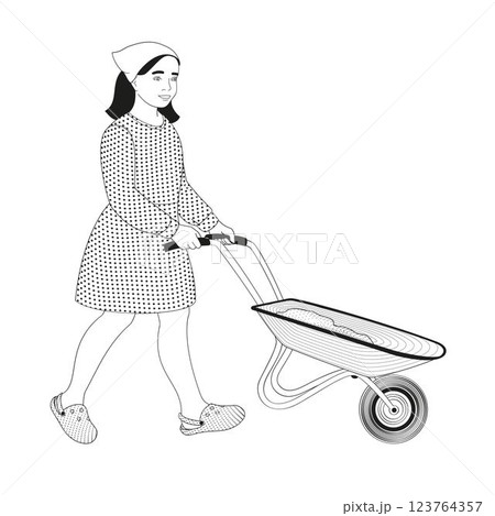 girl with garden wheelbarrow black and white vector illustration 123764357