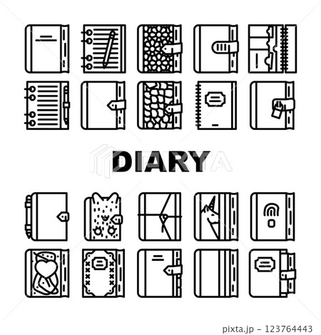 Diary Paper Stationery Accessory Icons Set Vector 123764443