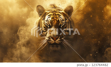 Tiger Emerging Through Golden Sandstorm with Fierce Gaze 123764482