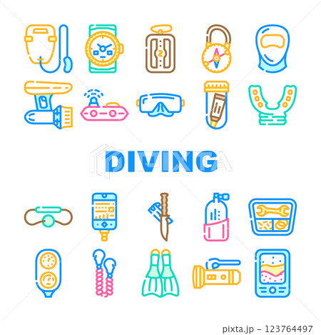 Diving Equipment And Accessories Icons Set Vector 123764497