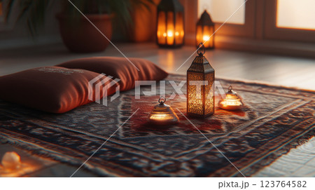 Festive Ramadan lanterns on ornate rug, warm bokeh background 123764582