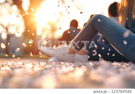 Spring Cherry blossom petals falling around people relaxing outdoors, serene atmosphere Spring Cherry blossom petals falling around people relaxing outdoors, serene atmosphere 123764588