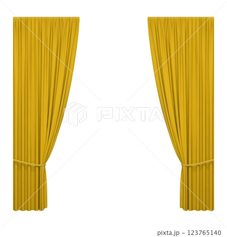 Yellow stage curtains isolated on white background. Realistic open drapes 123765140