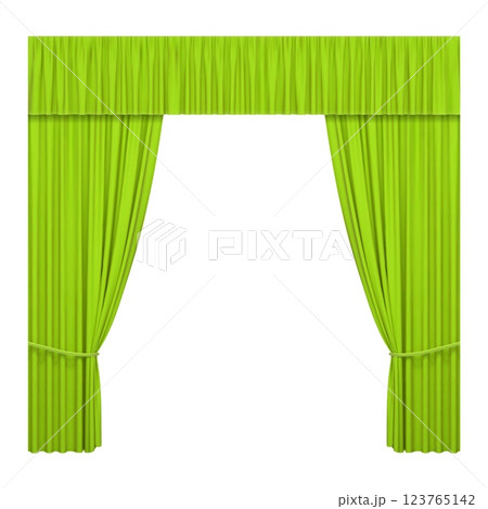Green stage curtains isolated on white background. Realistic open drapes 123765142