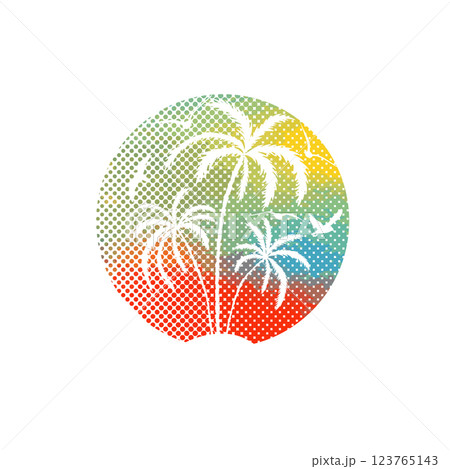 Abstract palm tree in a circle at sunset. Circle icon with tropical landscape. Paradise island. hand drawn. Not AI, Vector illustration Abstract palm tree in a circle at sunset. Circle icon with tropical landscape. Paradise island. hand drawn. Not AI, Vector illustration 123765143