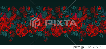 Seamless floral graphic pattern on dark background. hand drawing. Not AI, Vector illustration Seamless floral graphic pattern on dark background. hand drawing. Not AI, Vector illustration 123765155