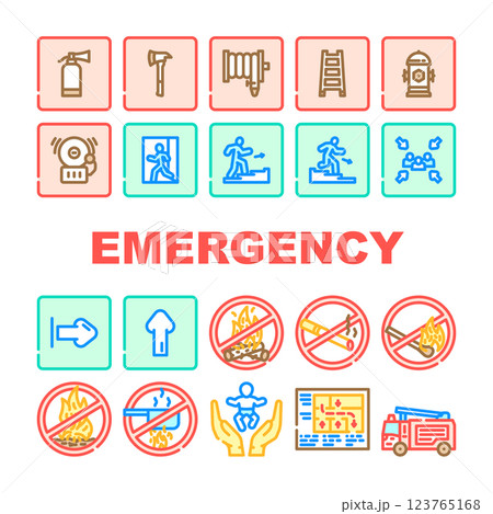 emergency fire exit safety escape icons set vector emergency fire exit safety escape icons set vector 123765168