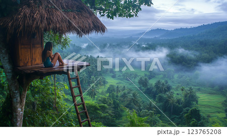 Quiet moments on a wooden platform with a girl amid misty mountains 123765208