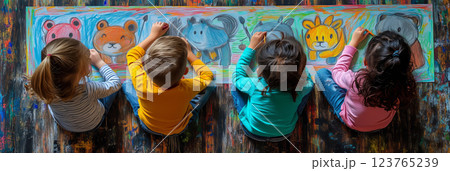 Joyful children creating colorful animal drawings on a vibrant floor 123765239