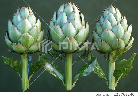 Artichokes in various stages of ripeness against a muted background 123765240