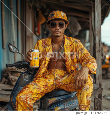 Indonesian man enjoys a sunny day in vibrant beach attire by the coast 123765242