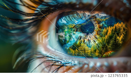 Eye Reflecting a Scenic Landscape with Forests, Mountains, and Rivers 123765335