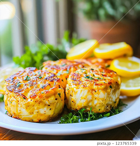 Homemade crab cakes on a plate with lemon 123765339