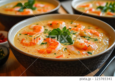 top view of prawn rice noodle soup 123765341