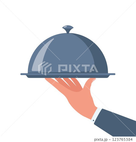 Waiter's hand holding tray for hot dishes. Illustration for design menu restaurant or cafe. Vector Waiter's hand holding tray for hot dishes. Illustration for design menu restaurant or cafe. Vector 123765384