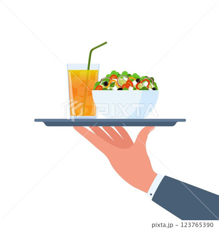 Waiters hand holding salad and soft drink on the tray. Vector illustration. 123765390