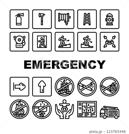 emergency fire exit safety escape icons set vector emergency fire exit safety escape icons set vector 123765446