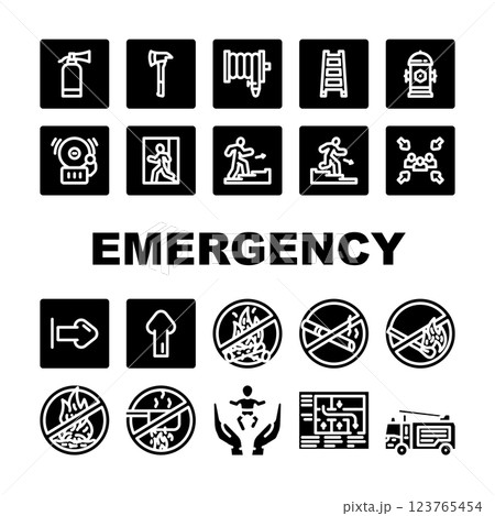 emergency fire exit safety escape icons set vector emergency fire exit safety escape icons set vector 123765454