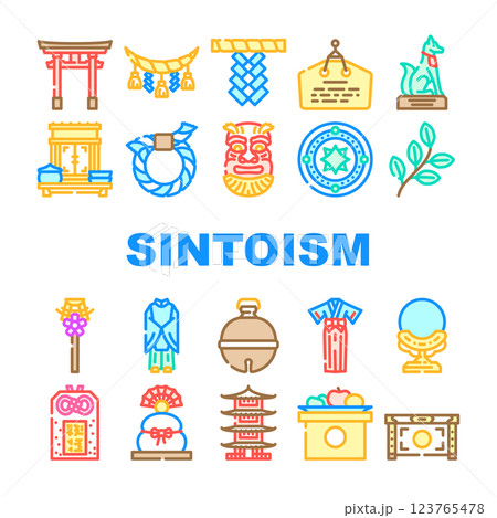 shinto japan shrine travel icons set vector 123765478