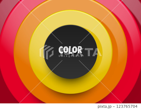 Abstract 3D vector background with layered red, orange, and yellow circles and a black center. Modern, glossy, and dynamic design perfect for branding, digital art, and creative projects 123765704