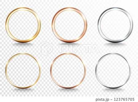 Set of golden, silver, and bronze ring frames, glowing light effects on a transparent background. Elegant luxury vector design elements for wedding invitation, decorative composition, digital artwork 123765705