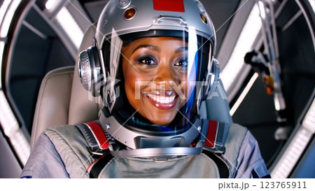 Afro-American Astronaut in interstellar vessel, visor reflects starlight. Woman adapts to cosmic travel. Astronaut leads deep-space missions. Woman thrives in space. Afro-American Astronaut in interstellar vessel, visor reflects starlight. Woman adapts to cosmic travel. Astronaut leads deep-space missions. Woman thrives in space. 123765911
