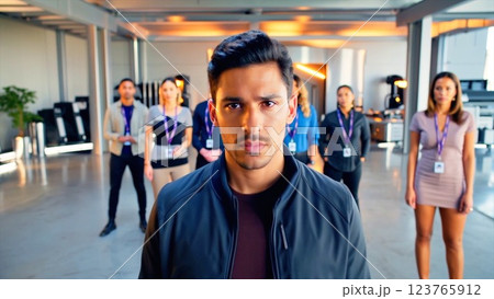 Office team standing in tense silence, rigid posture reflecting discomfort, serious expressions revealing workplace tension. Team conflict lingers in office atmosphere, unspoken conflict evident. Office team standing in tense silence, rigid posture reflecting discomfort, serious expressions revealing workplace tension. Team conflict lingers in office atmosphere, unspoken conflict evident. 123765912