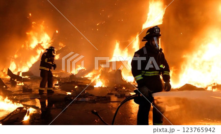 Firefighter surveys destruction, glowing flames highlight aftermath of catastrophic disaster, smoldering debris lingers, vigilant firefighter ensures no hidden flames remain. 123765942