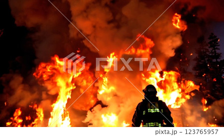 Disaster unfolds as firefighter stands firm, glowing flames distort air, heat radiates through mask, unwavering firefighter prepares to battle consuming flames. 123765957
