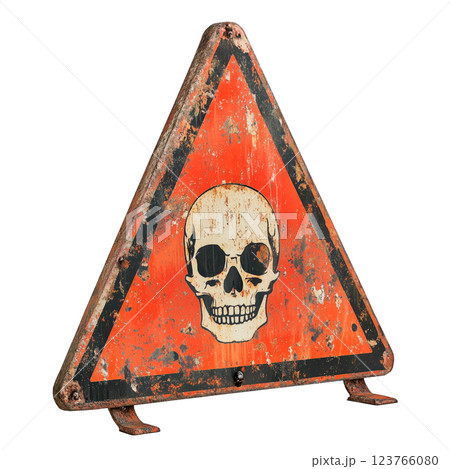 Rusty triangular warning sign with a skull symbol isolated on a transparent background. A heavily corroded danger sign with peeling red paint, symbolizing hazardous materials, toxic substances 123766080