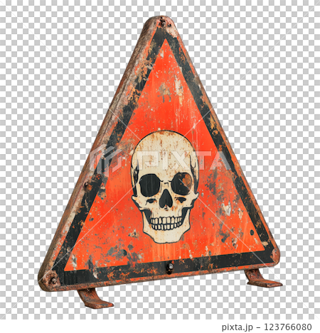 Rusty triangular warning sign with a skull symbol isolated on a transparent background. A heavily corroded danger sign with peeling red paint, symbolizing hazardous materials, toxic substances 123766080
