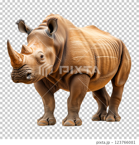 Realistic rhinoceros isolated on a transparent background. A powerful and muscular African rhino with thick wrinkled skin and large horn, standing in a side pose. 123766081