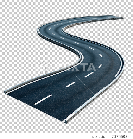 Curved asphalt road with white dashed lane markings isolated on a transparent background. Winding highway with guardrails, creating a perspective effect, suitable for transportation. 123766083