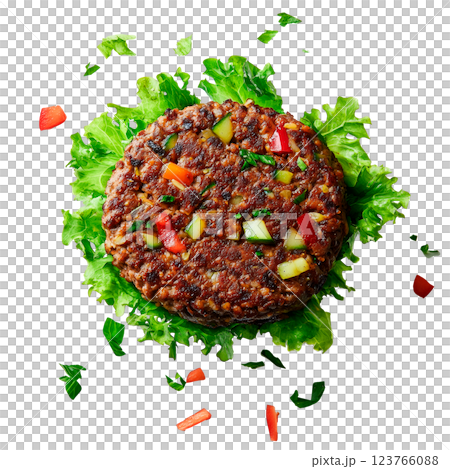 Vegetable burger patty with diced bell peppers and zucchini on a bed of fresh lettuce, isolated on a transparent background. A healthy, plant-based meat alternative rich in fiber and nutrients 123766088